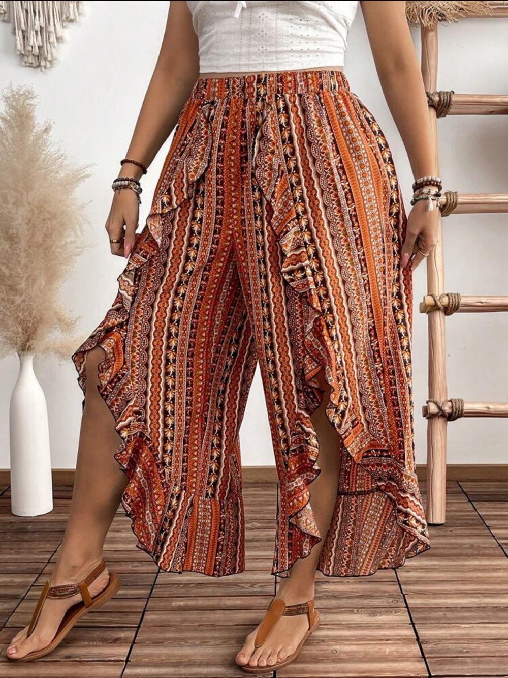 Bohemian Ruffled Wrap Pants - Picture 2 of 7